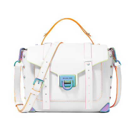 Michael Kors Women's Manhattan Medium Contrast-Trim Leather Satchel Optic White - Hemen Kargoda
