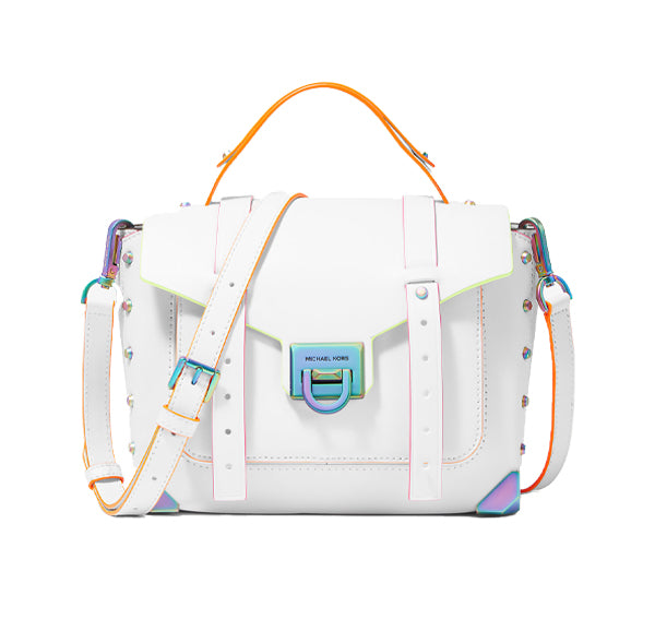 Michael Kors Women's Manhattan Medium Contrast-Trim Leather Satchel Optic White - Hemen Kargoda