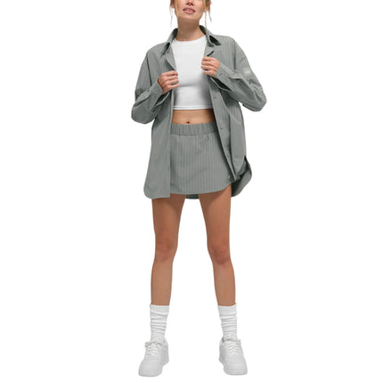 alo Women's Pinstripe Daylight Button Down Long Sleeve Lunar Grey/White