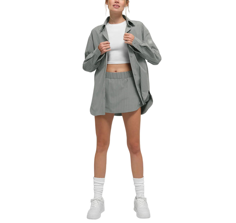 alo Women's Pinstripe Daylight Button Down Long Sleeve Lunar Grey/White