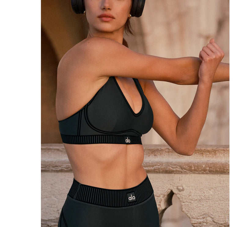 alo Women's Airlift Line Up Bra Charcoal Green