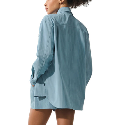 alo Women's Pinstripe Daylight Button Down Long Sleeve Dark Celestial Blue/White