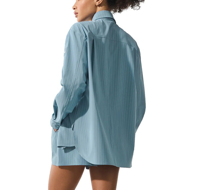 alo Women's Pinstripe Daylight Button Down Long Sleeve Dark Celestial Blue/White
