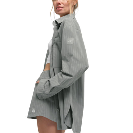 alo Women's Pinstripe Daylight Button Down Long Sleeve Lunar Grey/White