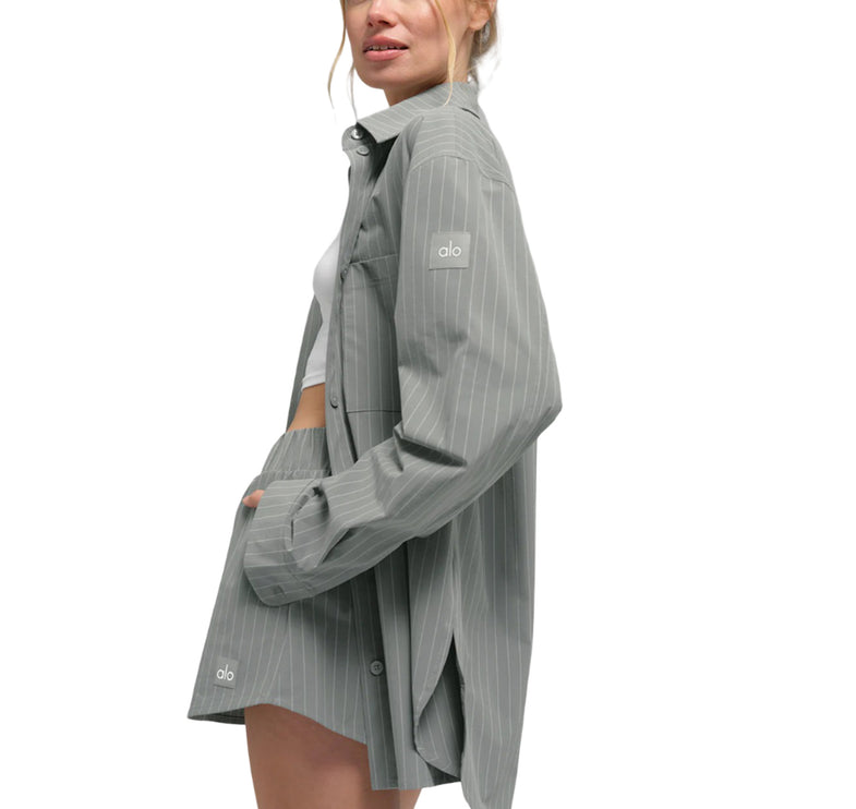 alo Women's Pinstripe Daylight Button Down Long Sleeve Lunar Grey/White