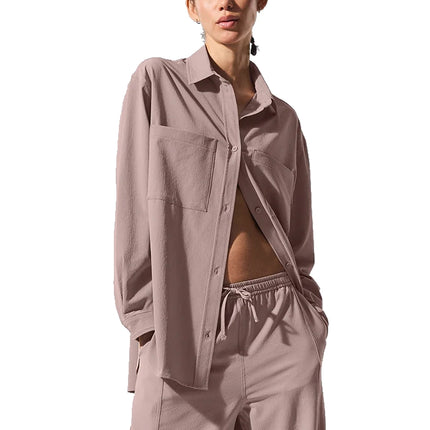 alo Women's Dreamscape Button Down Long Sleeve Taupe