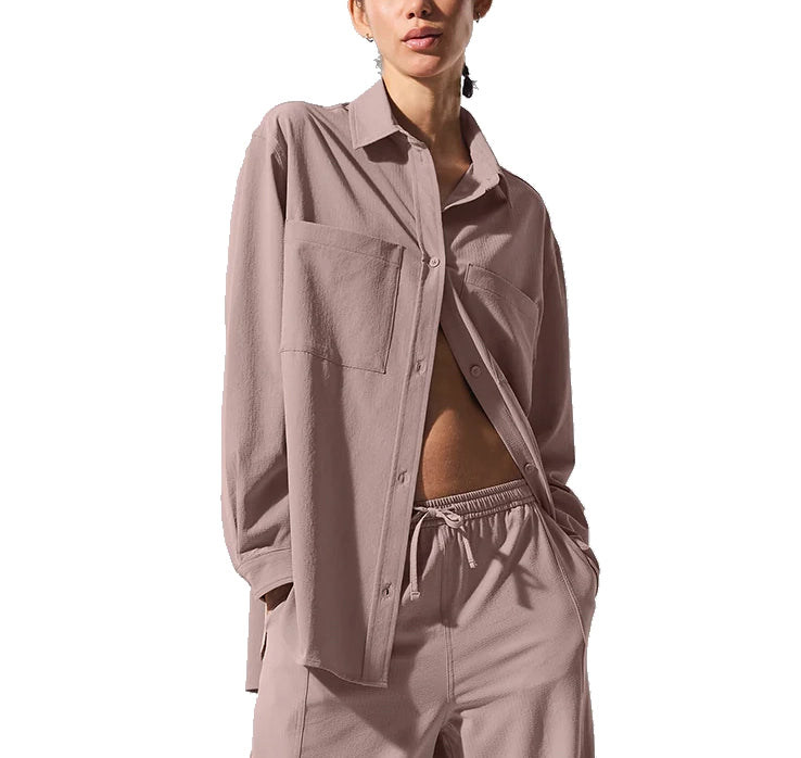 alo Women's Dreamscape Button Down Long Sleeve Taupe