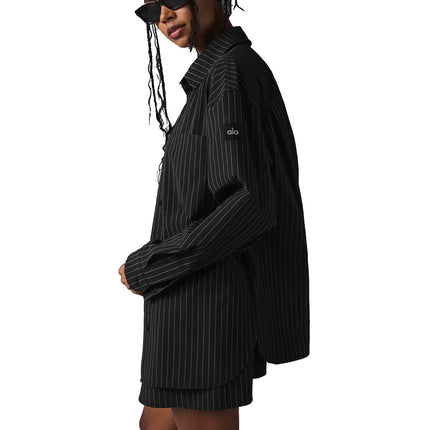 alo Women's Pinstripe Daylight Button Down Long Sleeve Black/Titanium