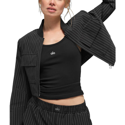 alo Women's Cropped Pinstripe Main Character Full Zip Jacket Black/Titanium