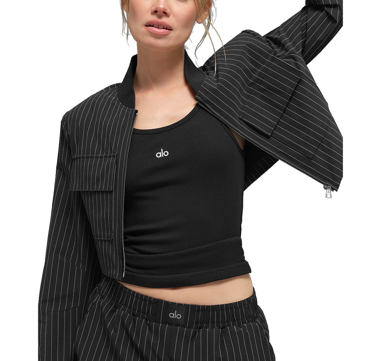 alo Women's Cropped Pinstripe Main Character Full Zip Jacket Black/Titanium
