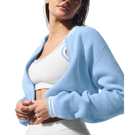 alo Women's Tennis Club Sweater Knit Full Zip Jacket Seashell Blue/White