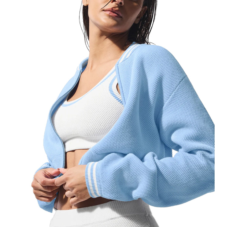 alo Women's Tennis Club Sweater Knit Full Zip Jacket Seashell Blue/White