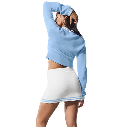 alo Women's Tennis Club Sweater Knit Full Zip Jacket Seashell Blue/White