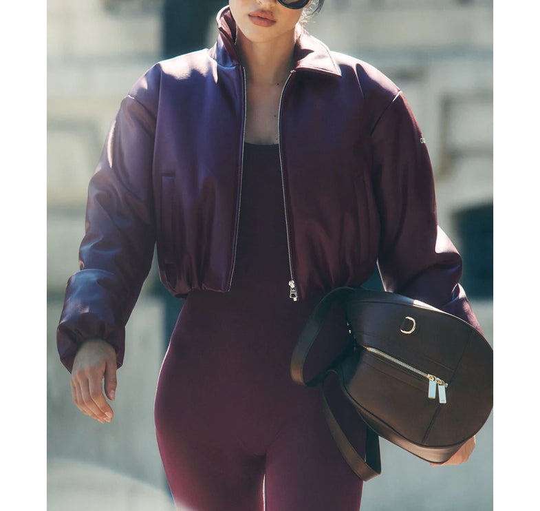 alo Women's Faux Leather Cropped Premier Bomber Burgundy