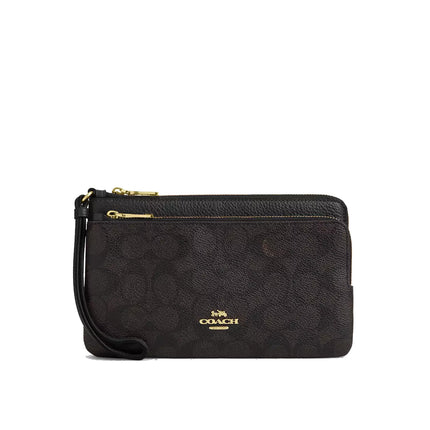 Coach Women's Double Zip Wallet In Signature Canvas Gold/Walnut/Black - Hemen Kargoda