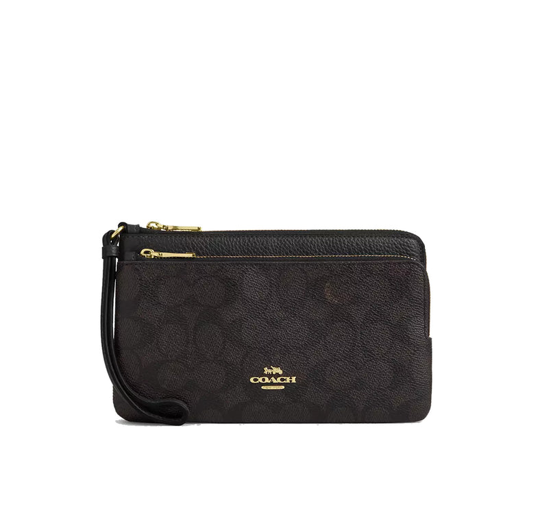Coach Women's Double Zip Wallet In Signature Canvas Gold/Walnut/Black - Hemen Kargoda