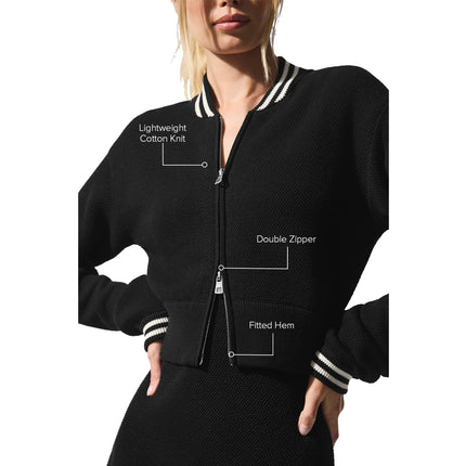 alo Women's Tennis Club Sweater Knit Full Zip Jacket Black/Ivory