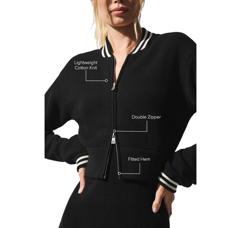 alo Women's Tennis Club Sweater Knit Full Zip Jacket Black/Ivory