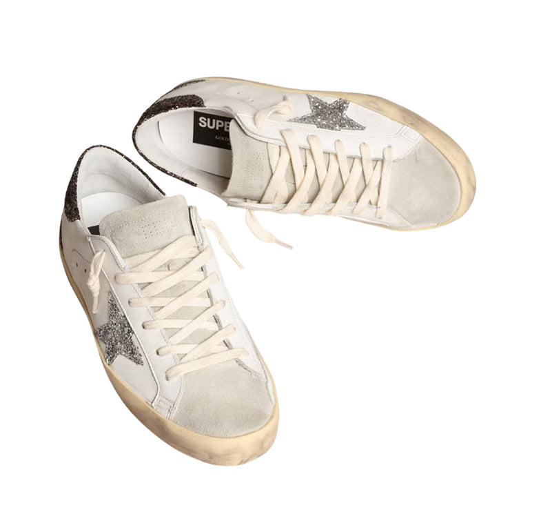 Golden Goose Women's Super Star Sneakers with Silver Star and Brown Glitter - Hemen Kargoda