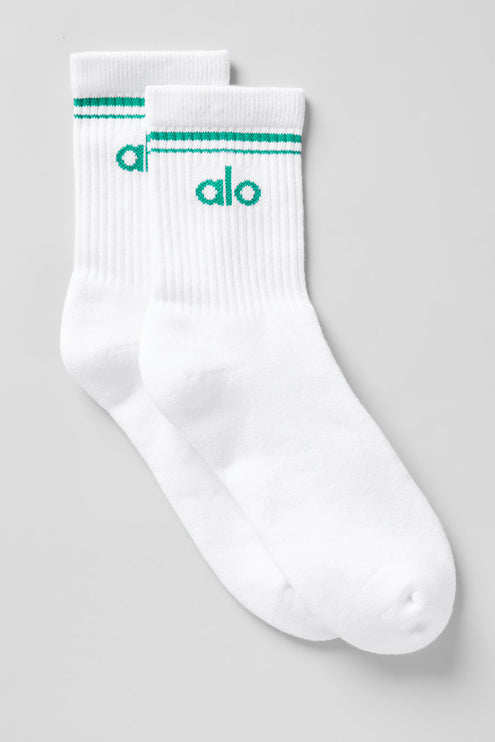 alo Men's Unisex Half-Crew Throwback Sock - White/Spruce Green
