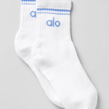 alo Women's Unisex Half-Crew Throwback Sock - White/Crystal Clear Blue