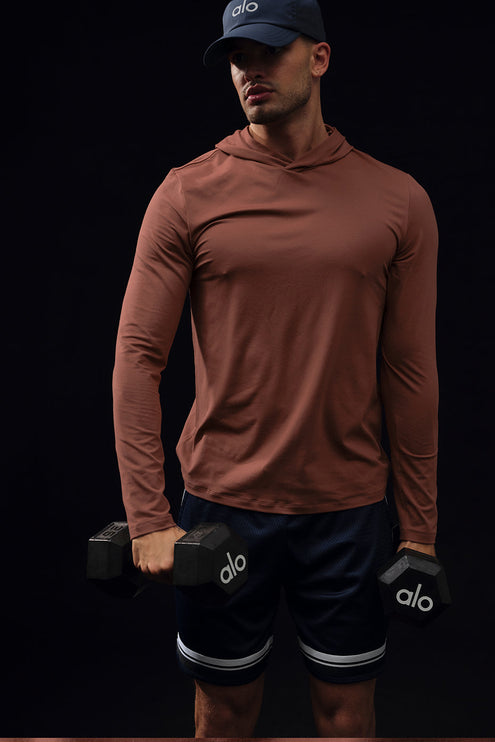 alo Men's Conquer Reform Long Sleeve With Hood - Chestnut