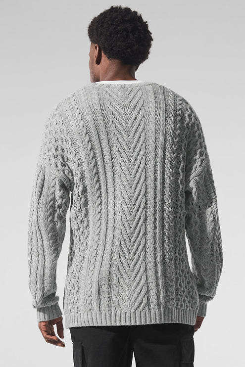 alo Men's Cable Knit Crew Neck Sweater - Athletic Heather Grey