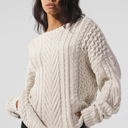alo Women's Cable Knit Crew Neck Sweater - Bone