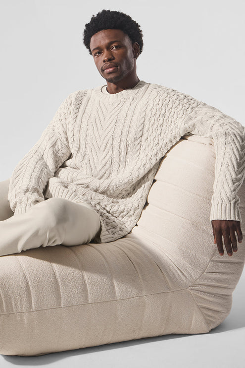 alo Men's Cable Knit Crew Neck Sweater - Bone