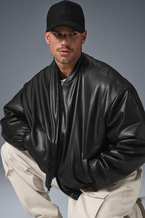alo Men's Faux Leather Premier Bomber - Black