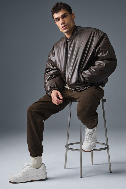 alo Men's Faux Leather Premier Bomber - Espresso