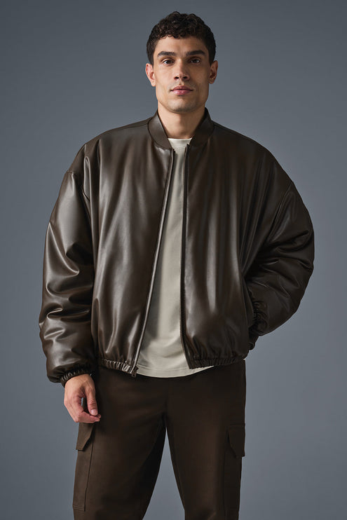 alo Men's Faux Leather Premier Bomber - Espresso