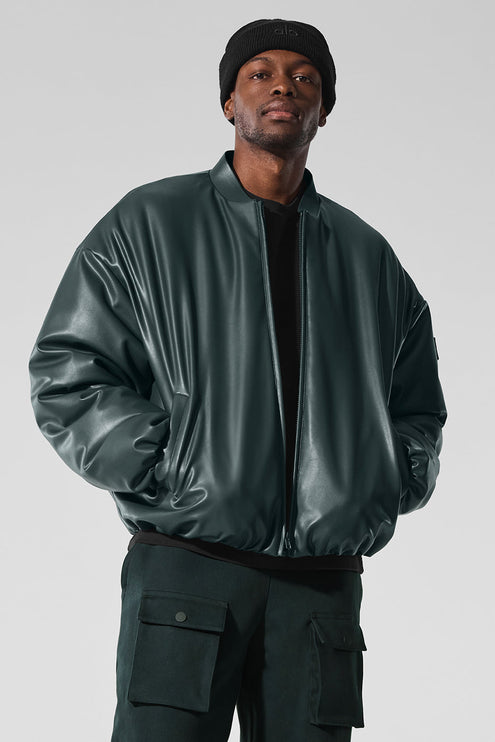 alo Men's Faux Leather Premier Bomber - Charcoal Green