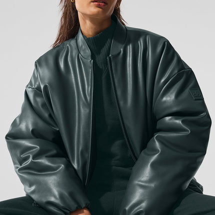 alo Women's Faux Leather Premier Bomber - Charcoal Green