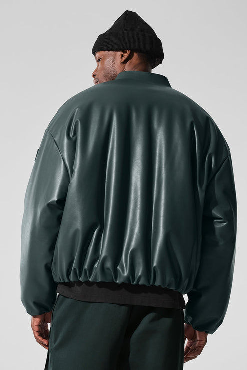 alo Men's Faux Leather Premier Bomber - Charcoal Green