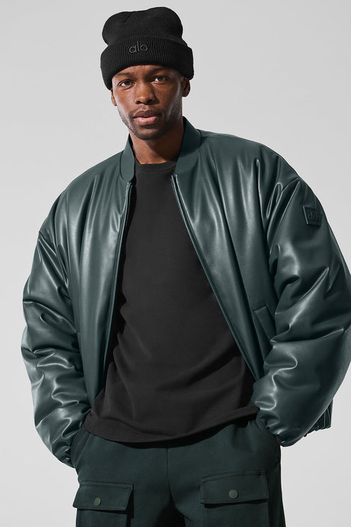 alo Men's Faux Leather Premier Bomber - Charcoal Green