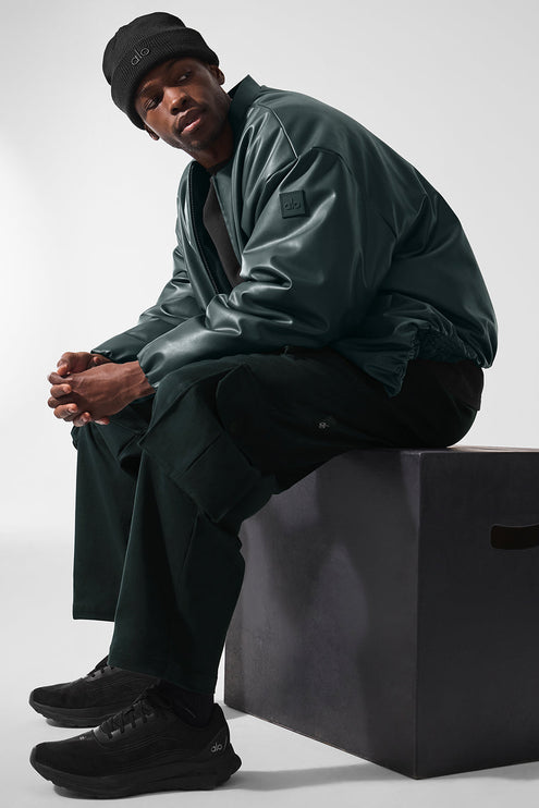 alo Men's Faux Leather Premier Bomber - Charcoal Green
