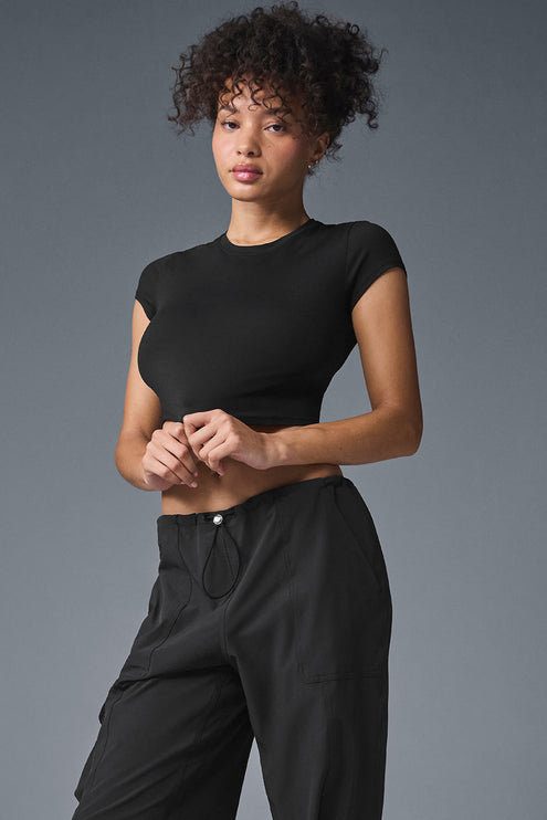 alo Women's Alosoft Crop Finesse Short Sleeve - Black