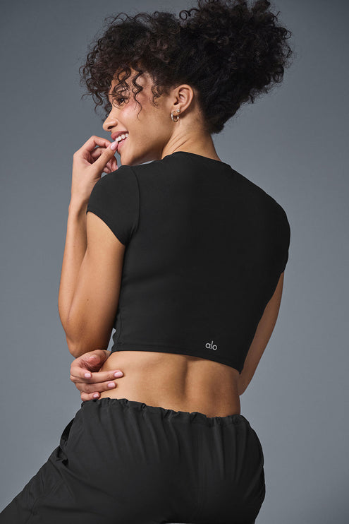 alo Women's Alosoft Crop Finesse Short Sleeve - Black