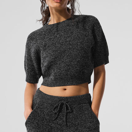 alo Women's Marl Sweater Short Sleeve - Black Marl