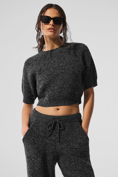 alo Women's Marl Sweater Short Sleeve - Black Marl
