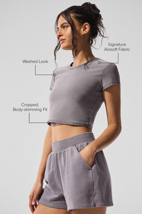 alo Women's Washed Alosoft Crop Finesse Short Sleeve - Cool Grey Wash