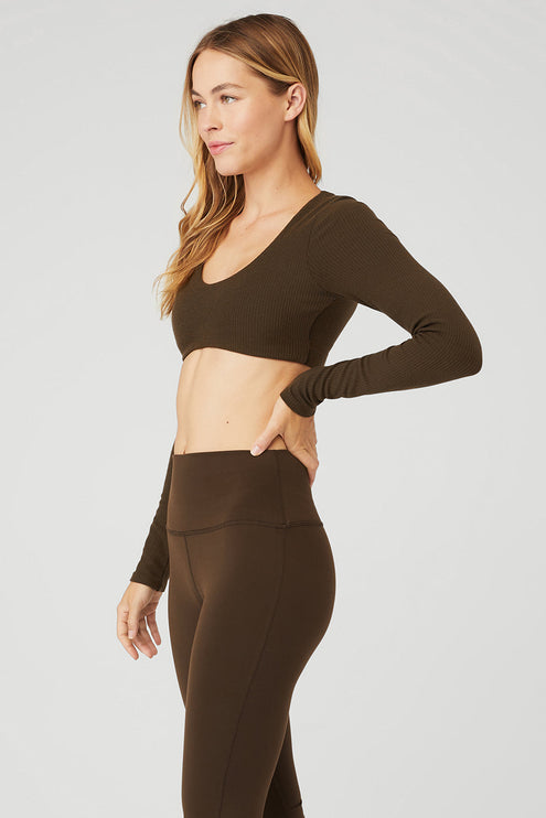 alo Women's Ribbed Defined Long Sleeve Bra - Espresso