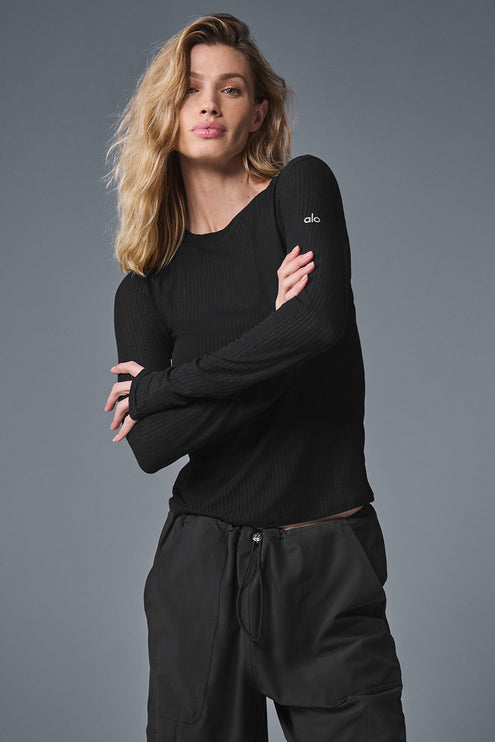 alo Women's Ribbed Sea Coast Long Sleeve - Black
