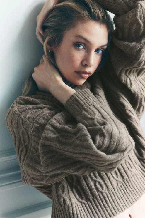 alo Women's Cable Knit Winter Bliss Hoodie Light Cocoa