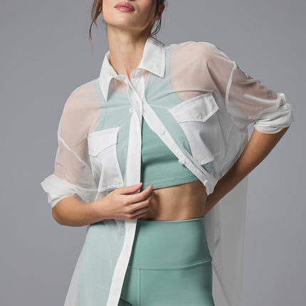 alo Women's Sheer Effusion Button Down Long Sleeve - White