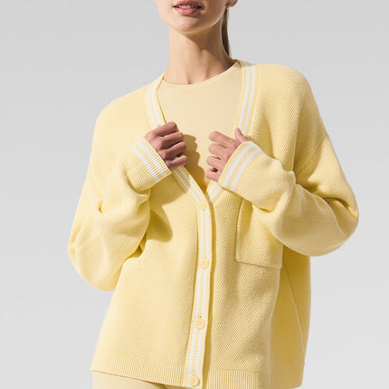 alo Women's Tennis Club Sweater Knit Cardigan - Warm Butter/White