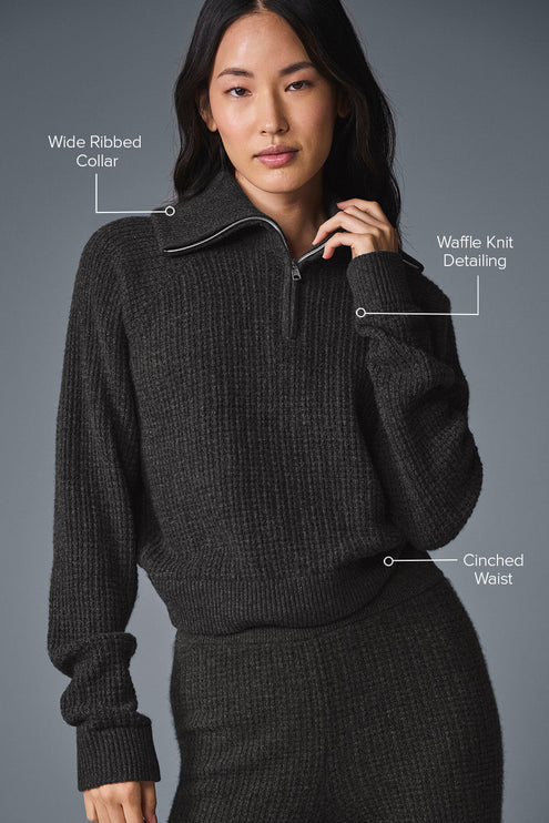 alo Women's Cashmere Plush Waffle 1/4 Zip Pullover - Dark Heather Grey