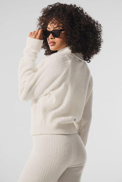 alo Women's Cashmere Plush Waffle 1/4 Zip Pullover - Ivory