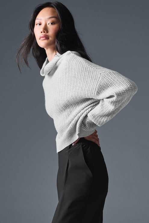 alo Women's Cashmere Plush Waffle Turtleneck Pullover - Athletic Heather Grey